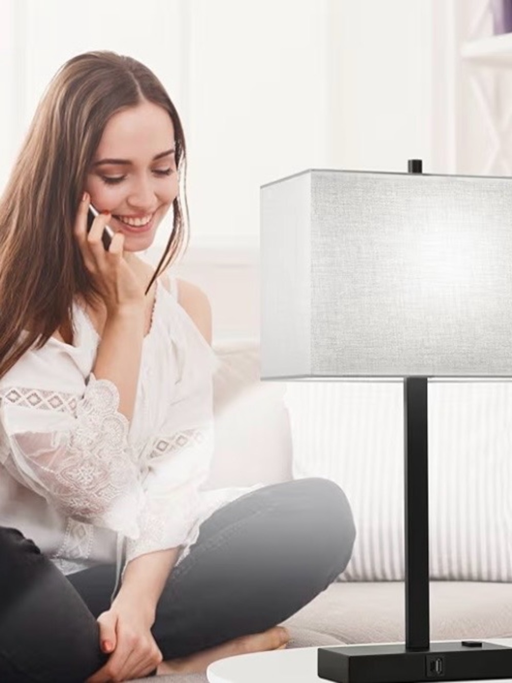 Modern Black Table Lamp with Rectangular White Shade - Picture 5 of 5